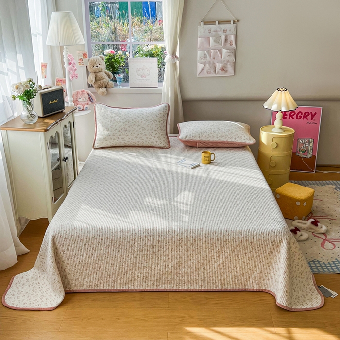 91家纺网 家纺一手货源 找家纺 床盖工厂店 2025新款全棉纯棉纱布加宝宝绒填充棉花床盖三件套 浅夏-米