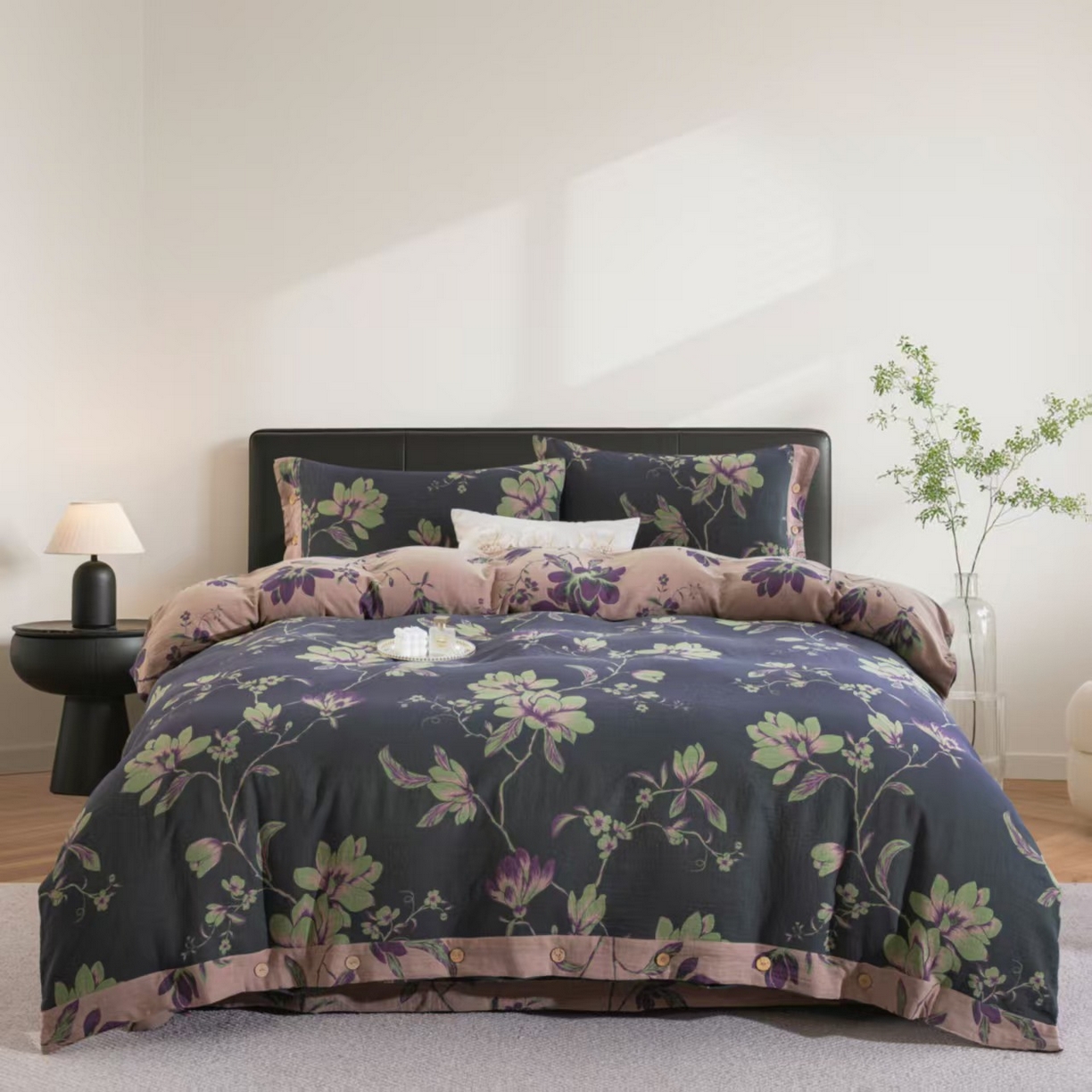 双层纱家居 2025新款纯棉双层纱纽扣款四件套 春雨墨绿