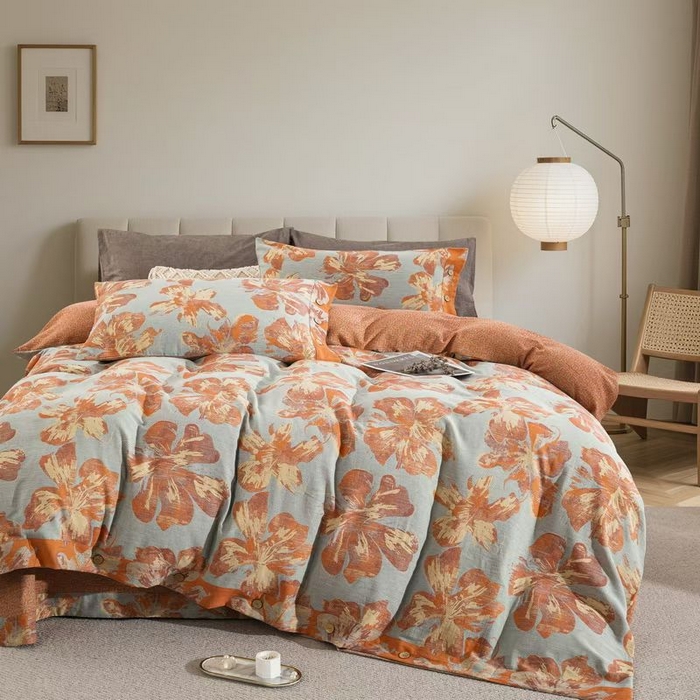 双层纱家居 2025新款纯棉双层纱纽扣款四件套 凤尾花