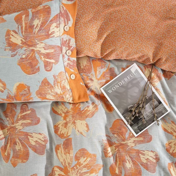 91家纺网 家纺一手货源 找家纺 双层纱家居 2025新款纯棉双层纱纽扣款四件套 凤尾花