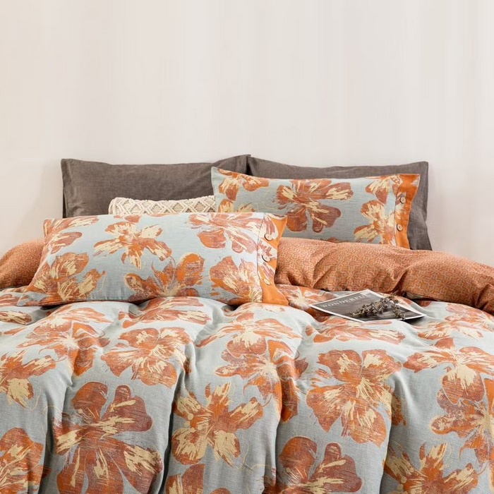 91家纺网 家纺一手货源 找家纺 双层纱家居 2025新款纯棉双层纱纽扣款四件套 凤尾花