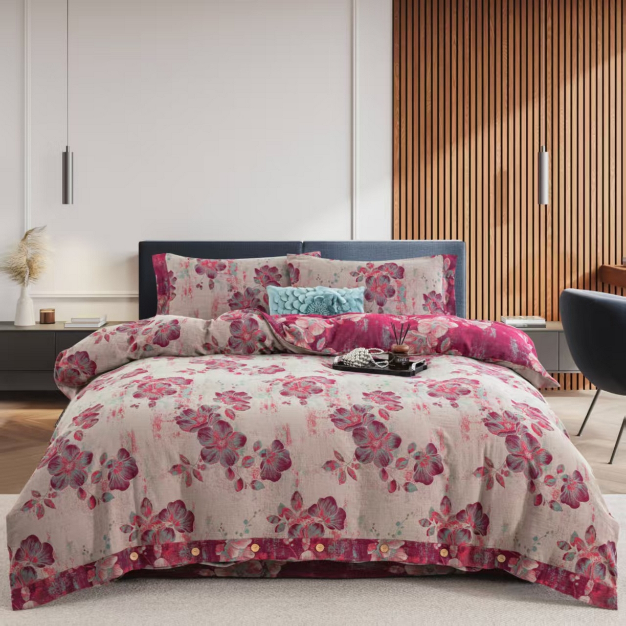 双层纱家居 2025新款纯棉双层纱纽扣款四件套 流金岁月粉灰