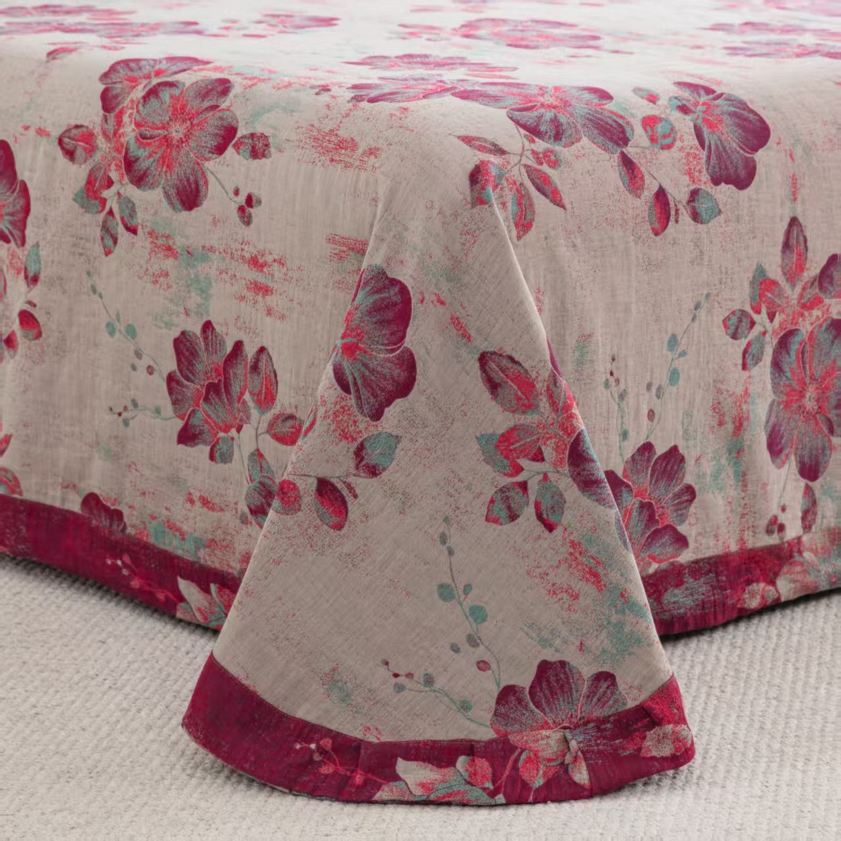 91家纺网 家纺一手货源 找家纺 双层纱家居 2025新款纯棉双层纱纽扣款四件套 流金岁月粉灰