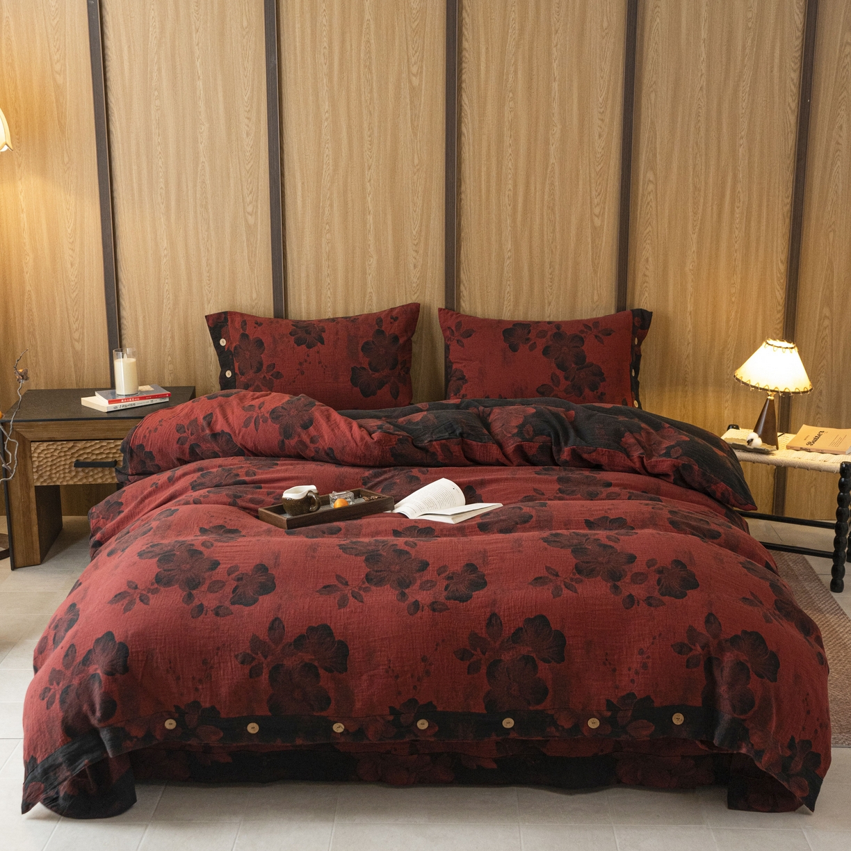 双层纱家居 2025新款纯棉双层纱纽扣款四件套 牡丹夕颜紫红