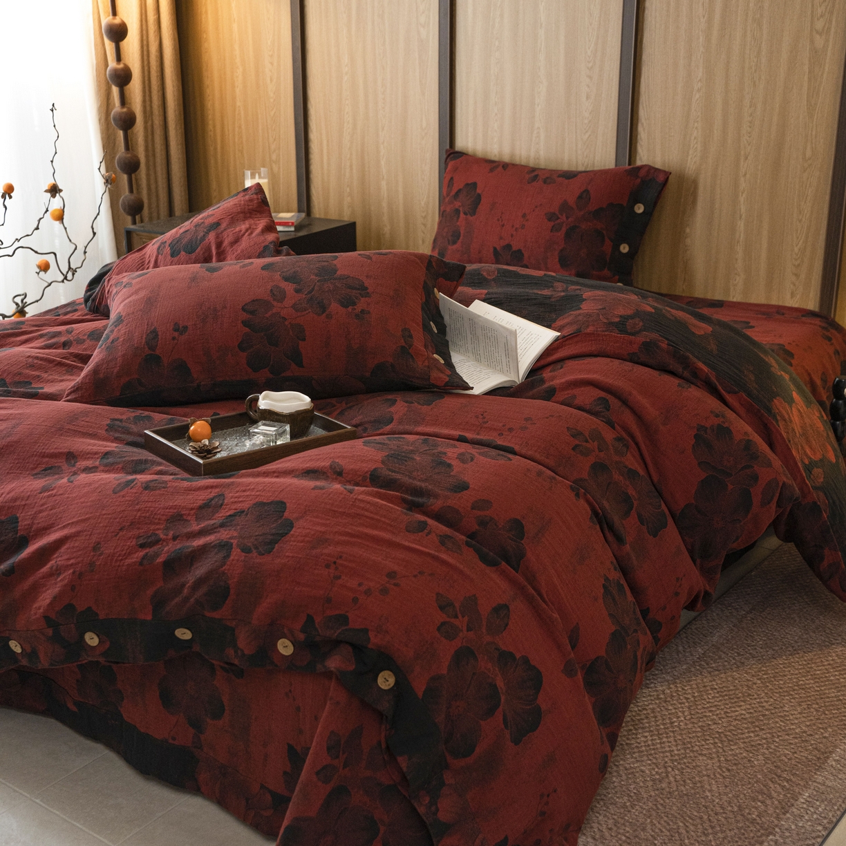 91家纺网 家纺一手货源 找家纺 双层纱家居 2025新款纯棉双层纱纽扣款四件套 牡丹夕颜紫红