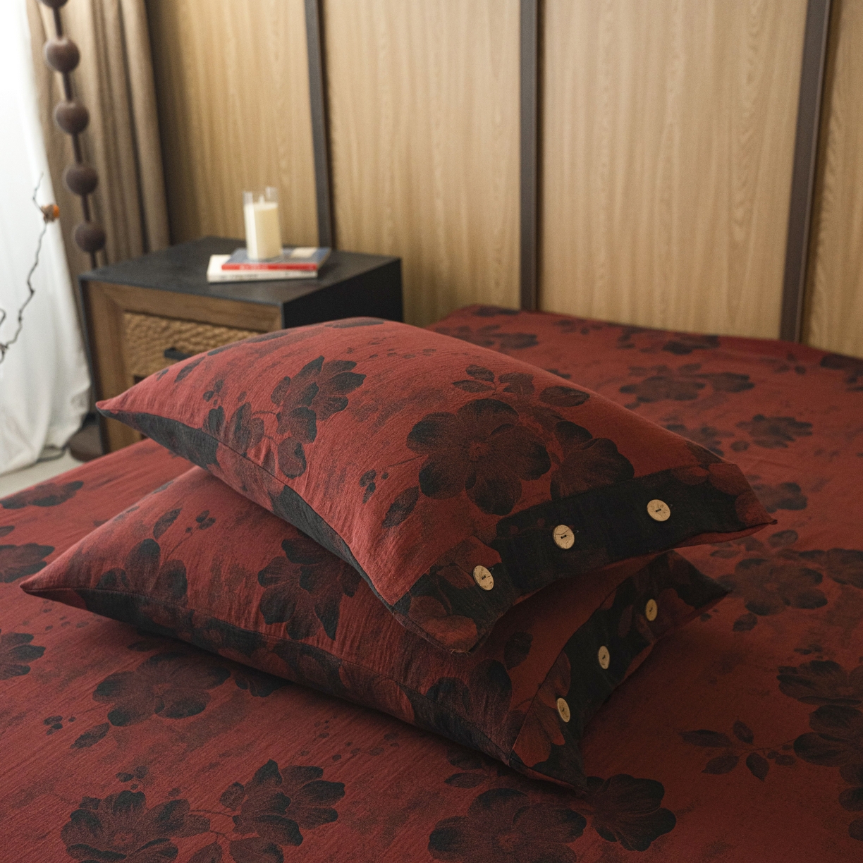 91家纺网 家纺一手货源 找家纺 双层纱家居 2025新款纯棉双层纱纽扣款四件套 牡丹夕颜紫红