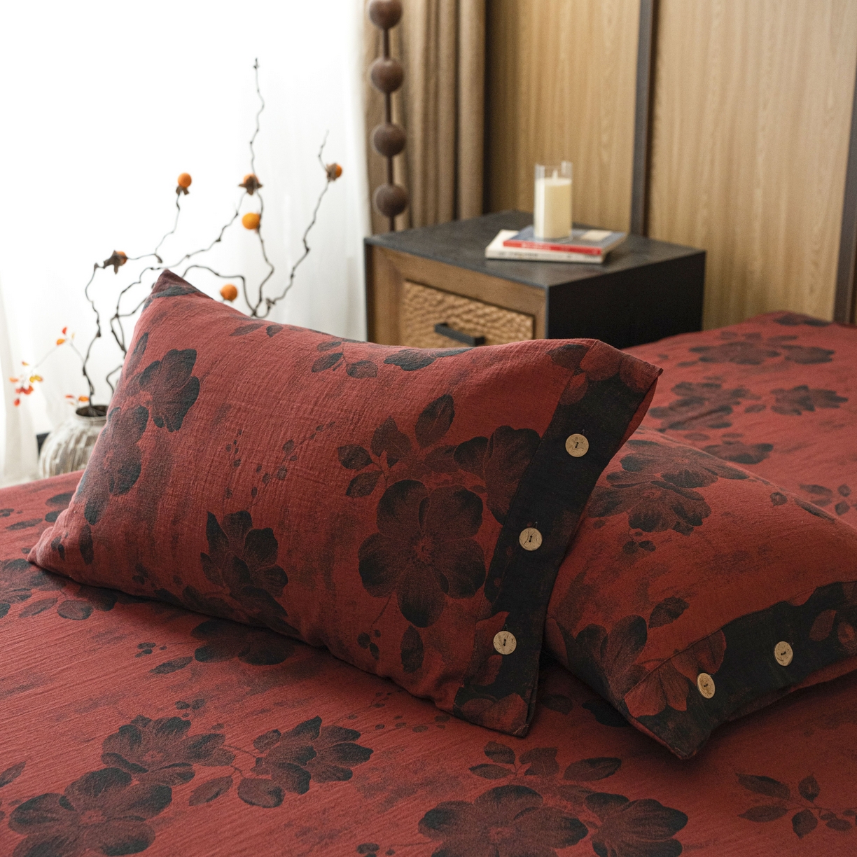 91家纺网 家纺一手货源 找家纺 双层纱家居 2025新款纯棉双层纱纽扣款四件套 牡丹夕颜紫红