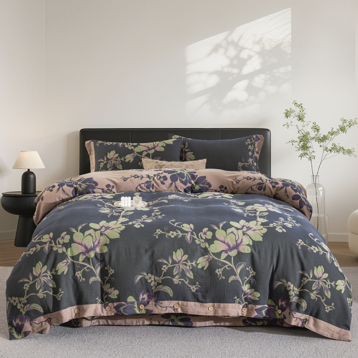 双层纱家居 2025新款纯棉双层纱纽扣款四件套 秋雨墨绿