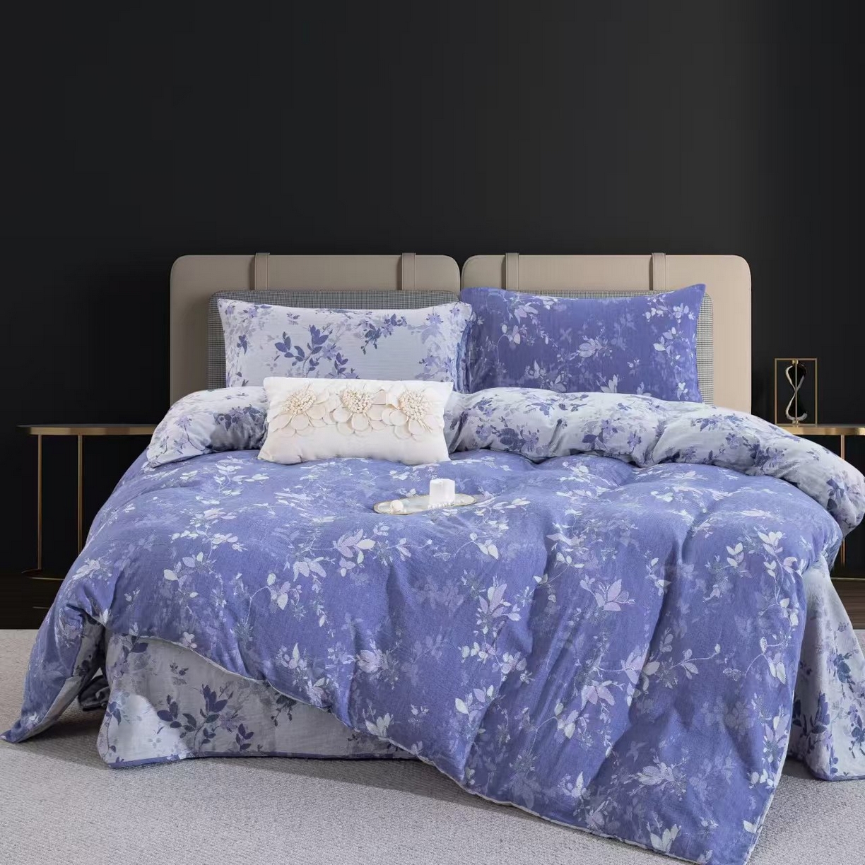 91家纺网 家纺一手货源 找家纺 双层纱家居 2025新款纯棉双层纱纽扣款四件套 雾里看花墨蓝