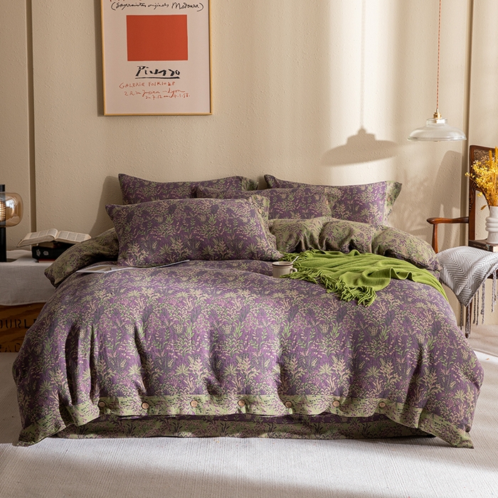 双层纱家居 2025新款纯棉双层纱纽扣款四件套 新款薰衣草