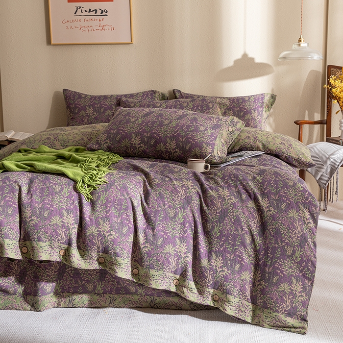 91家纺网 家纺一手货源 找家纺 双层纱家居 2025新款纯棉双层纱纽扣款四件套 新款薰衣草