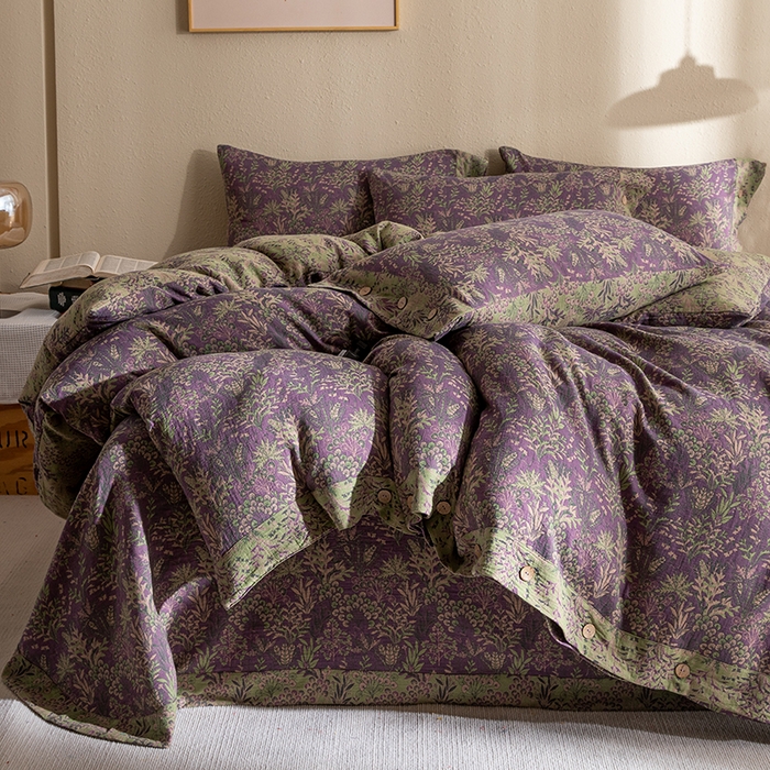 91家纺网 家纺一手货源 找家纺 双层纱家居 2025新款纯棉双层纱纽扣款四件套 新款薰衣草