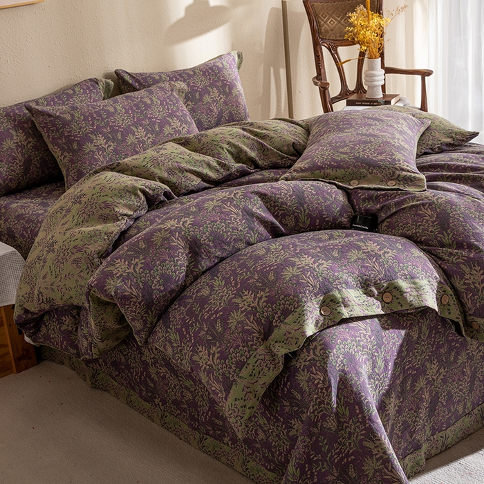 91家纺网 家纺一手货源 找家纺 双层纱家居 2025新款纯棉双层纱纽扣款四件套 新款薰衣草