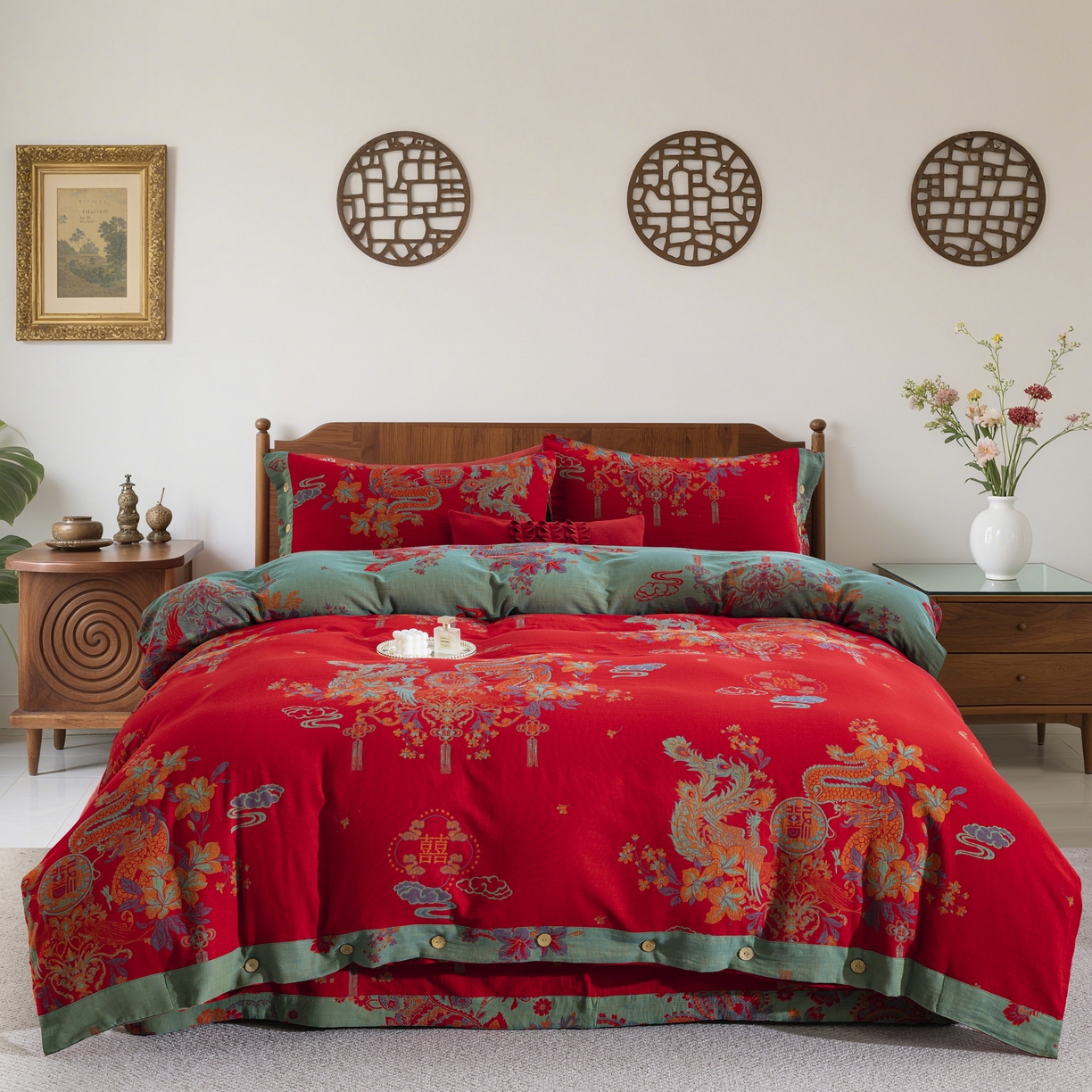 双层纱家居 2025新款纯棉双层纱纽扣款四件套 新龙凤呈祥