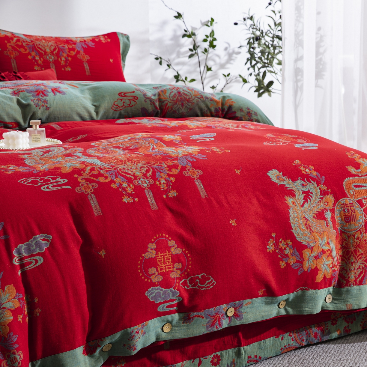 91家纺网 家纺一手货源 找家纺 双层纱家居 2025新款纯棉双层纱纽扣款四件套 新龙凤呈祥