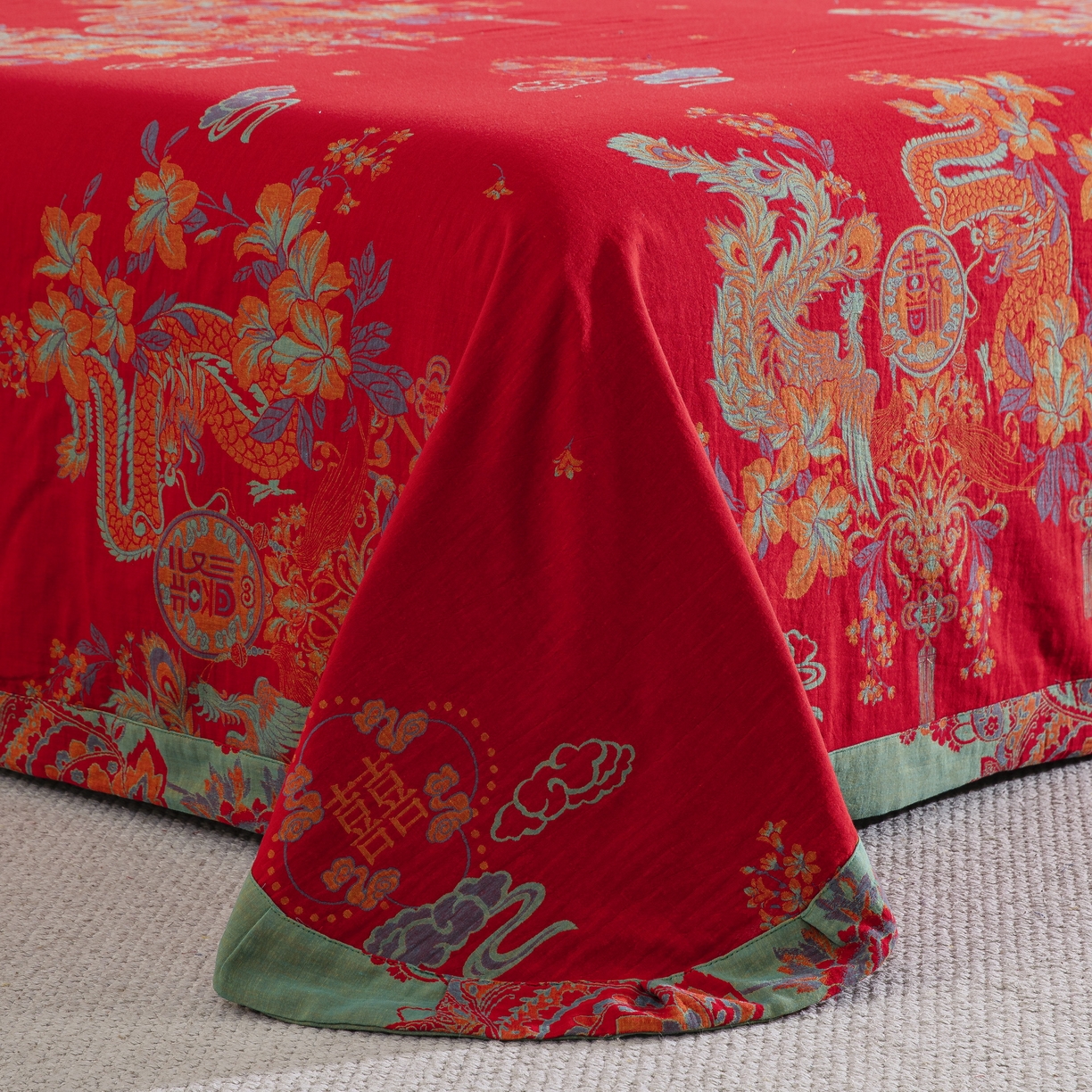 91家纺网 家纺一手货源 找家纺 双层纱家居 2025新款纯棉双层纱纽扣款四件套 新龙凤呈祥