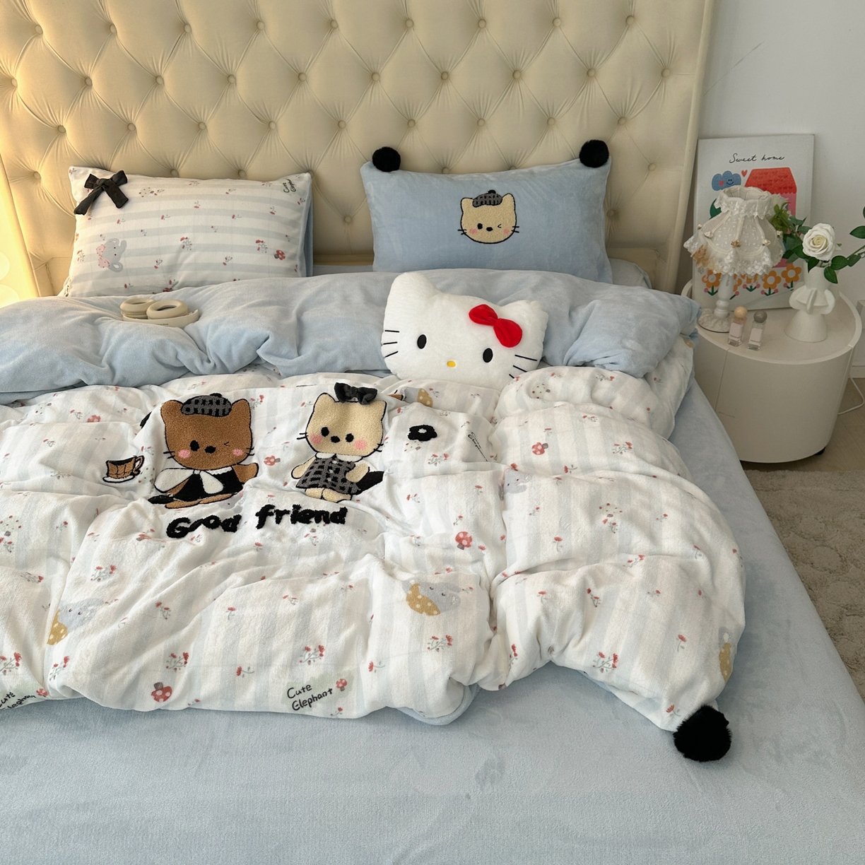 91家纺网 家纺一手货源 找家纺 子钦家纺 2025秋冬新款暗黑系小红书同款加厚牛奶绒蝴蝶结款毛巾绣床单床笠四件套-快乐兄妹场景一 快乐兄妹-好时光