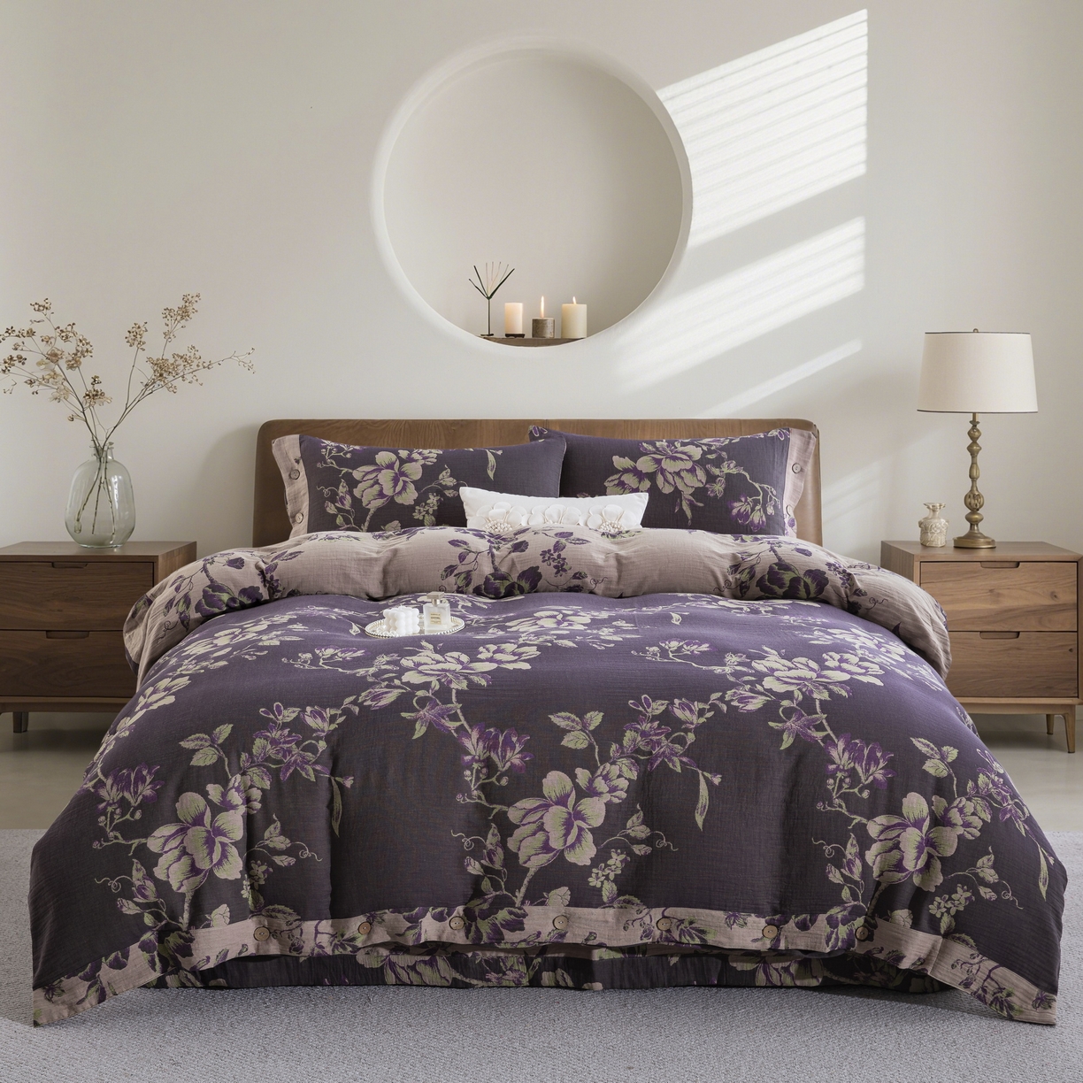 双层纱家居 2025新款纯棉双层纱纽扣款四件套 一帆风顺灰