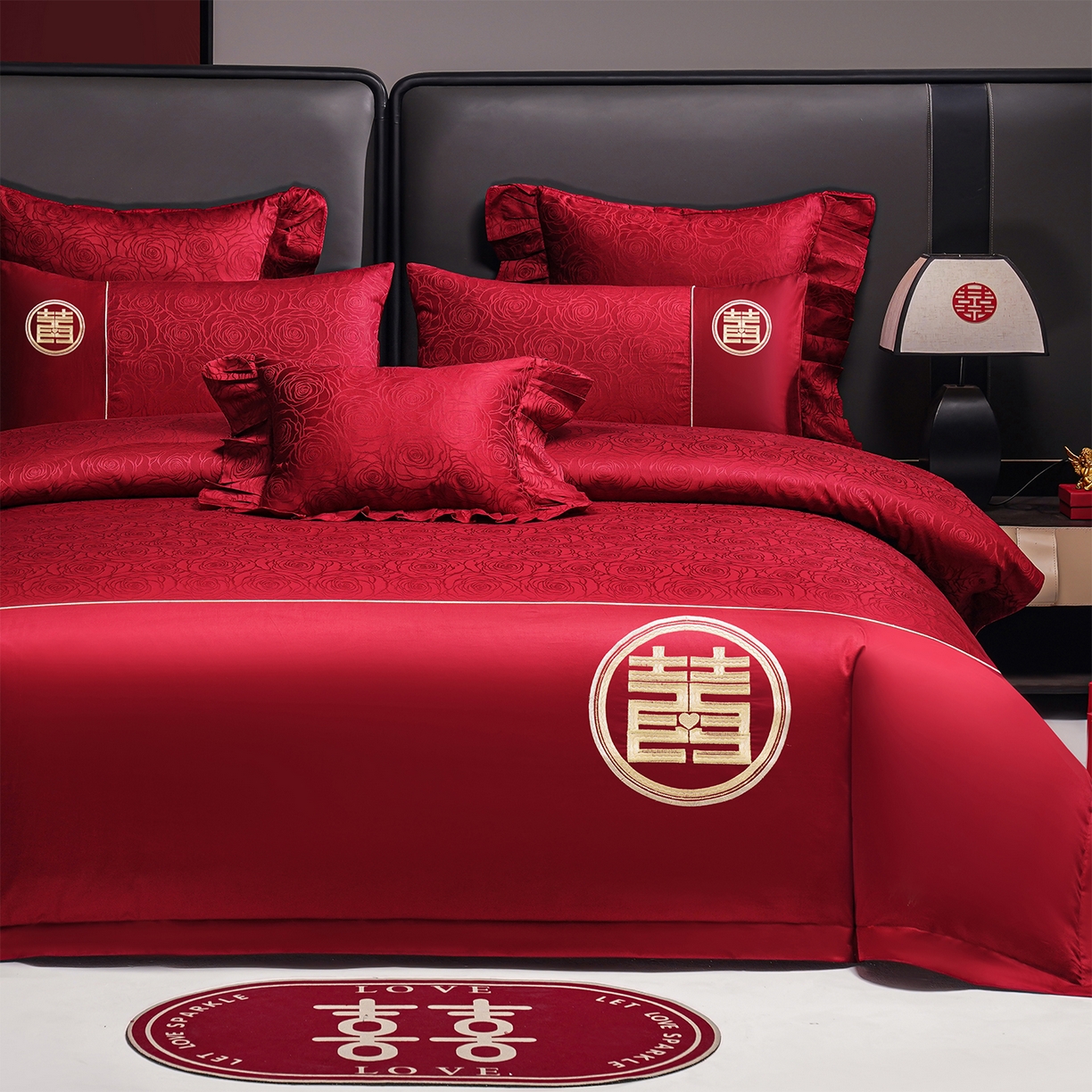 91家纺网 家纺一手货源 找家纺 （总）芊囍纺 2025新款双面长绒棉提花婚庆刺绣四件套