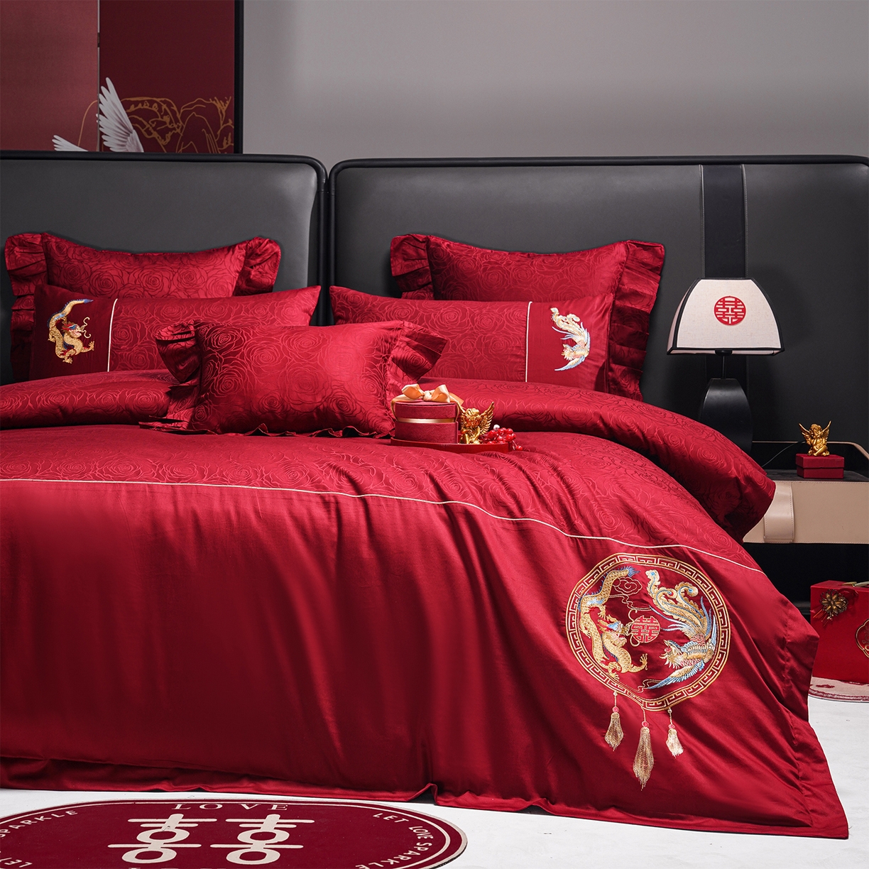 91家纺网 家纺一手货源 找家纺 （总）芊囍纺 2025新款双面长绒棉提花婚庆刺绣四件套