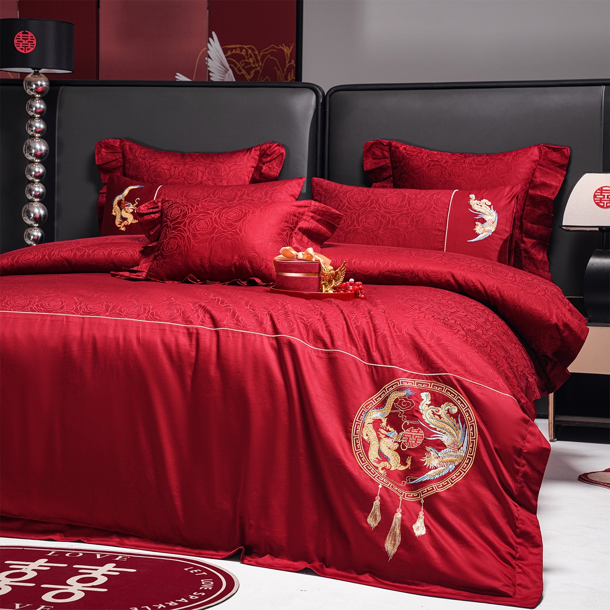 91家纺网 家纺一手货源 找家纺 （总）芊囍纺 2025新款双面长绒棉提花婚庆刺绣四件套