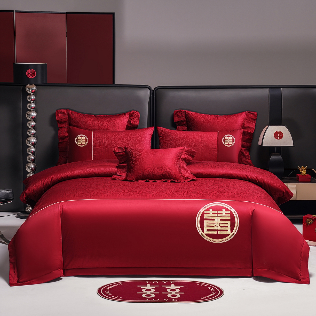 91家纺网 家纺一手货源 找家纺 芊囍纺 2025新款双面长绒棉提花婚庆刺绣四件套 禧爱