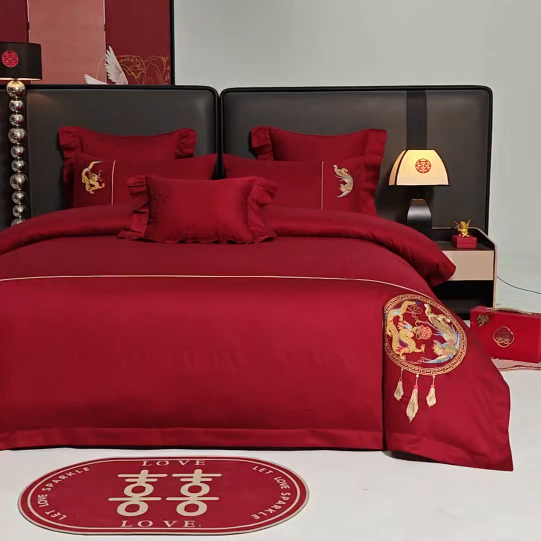 91家纺网 家纺一手货源 找家纺 芊囍纺 2025新款双面长绒棉提花婚庆刺绣四件套 吉祥