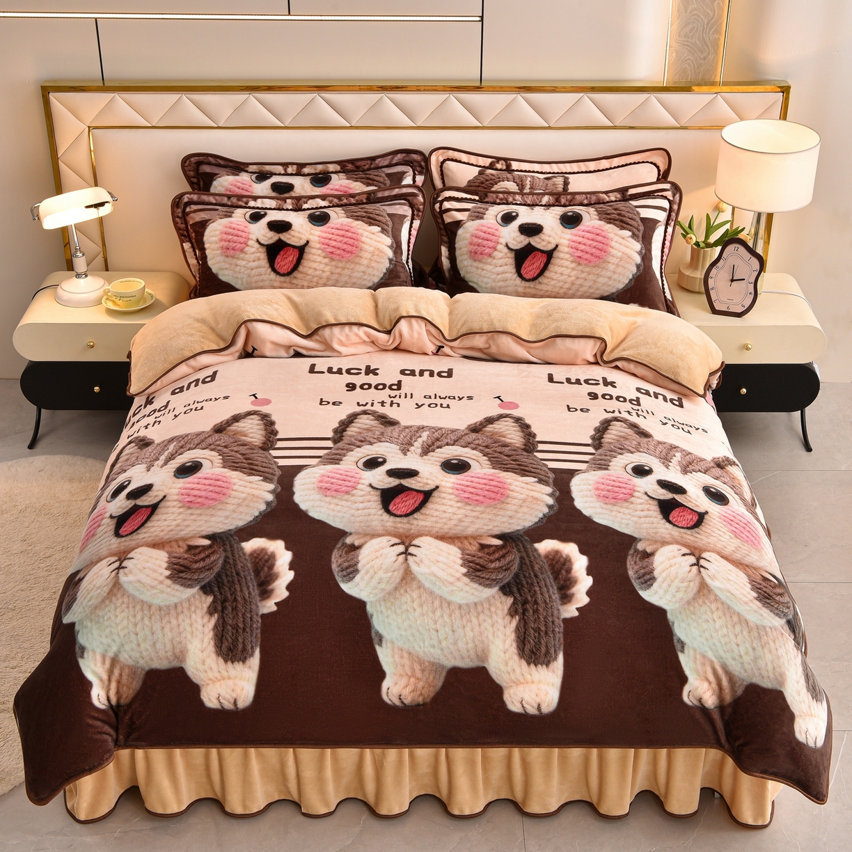 沐妍家纺 2025新款8斤加厚保暖金貂绒牛奶绒印花四件套 哈基米