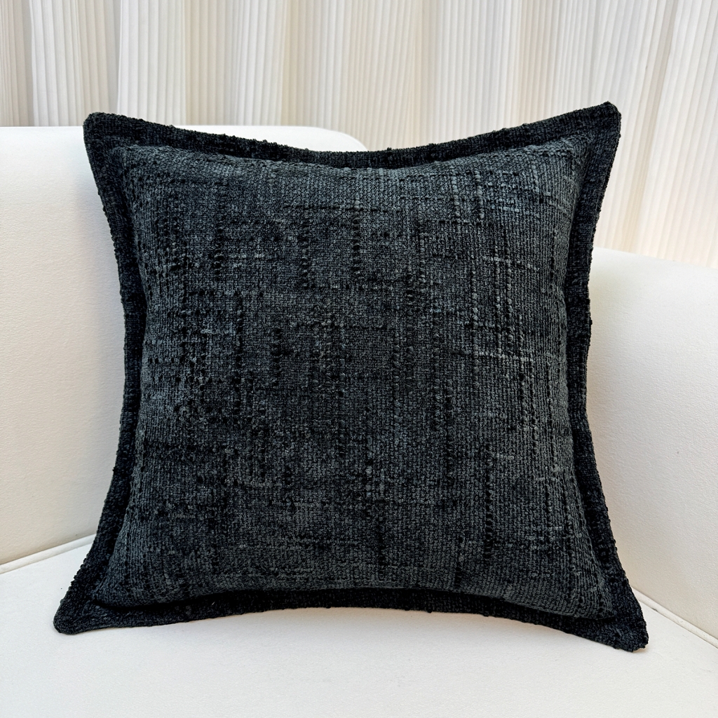 爱家居 2025新款跨境亚马逊加厚双面雪尼尔宽边枕套美式压边抱枕客厅纯色靠垫 宽边雪尼尔—黑色