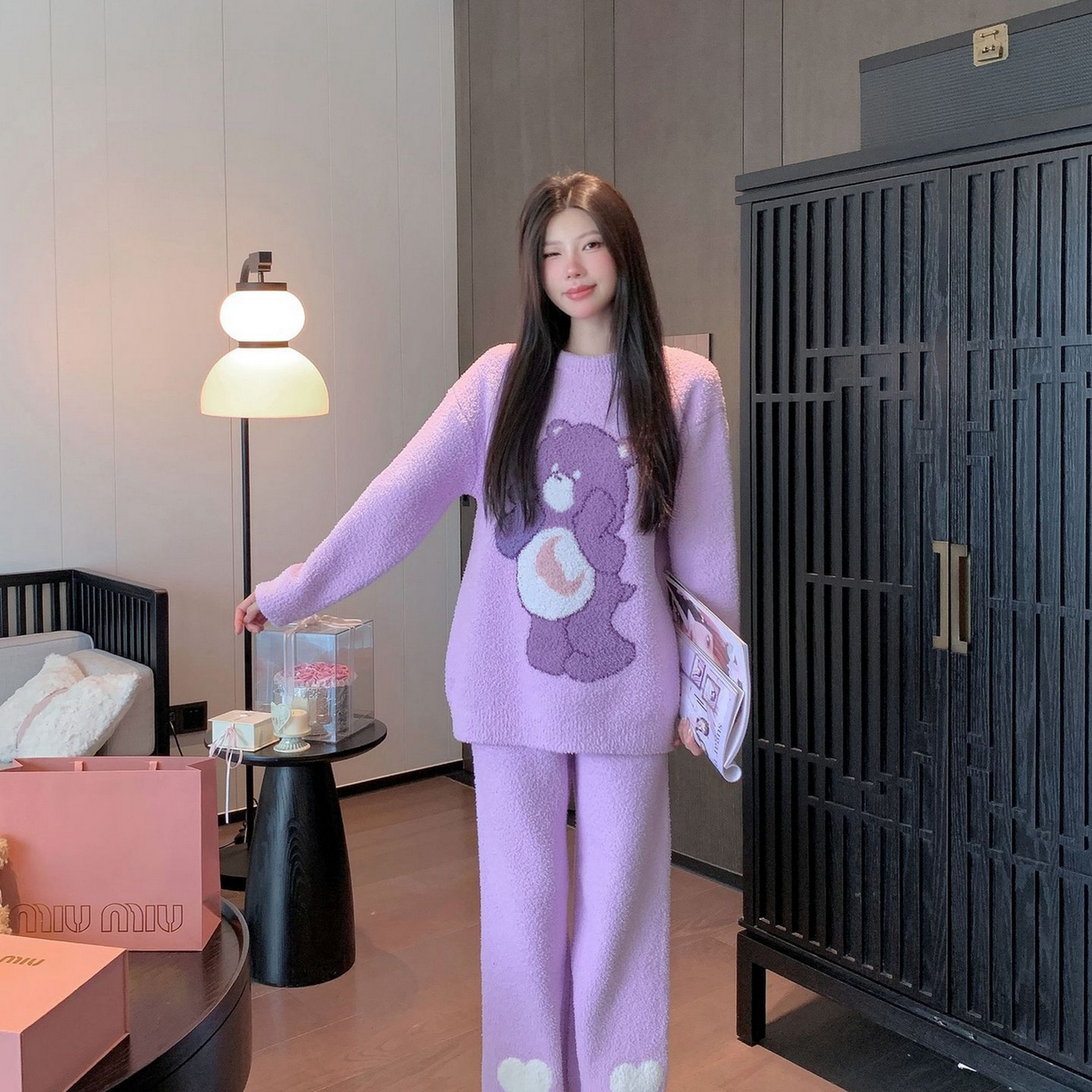 91家纺网 家纺一手货源 找家纺 （总）洛兰沙家居馆 2025新款半边绒睡衣纯色珍珠扣圆领针织开衫外套秋冬新款气质小香风家居服