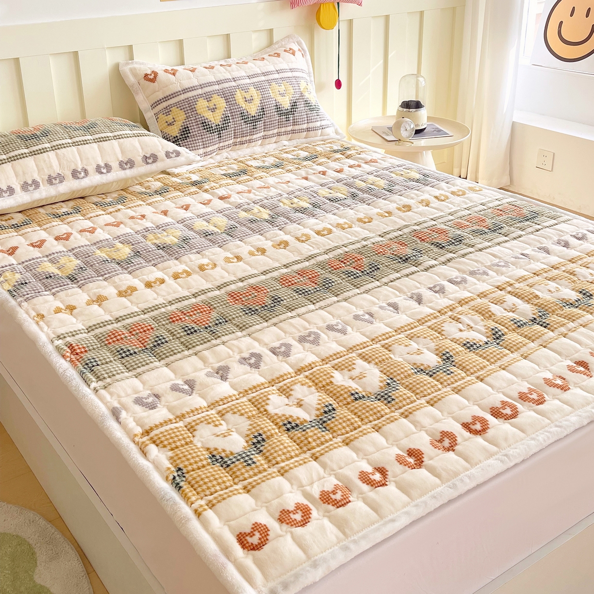 91家纺网 家纺一手货源 找家纺 金鑫汇家纺 2025新款加厚牛奶豆豆绒暖绒包边床褥垫 成人床：同心千鸟格