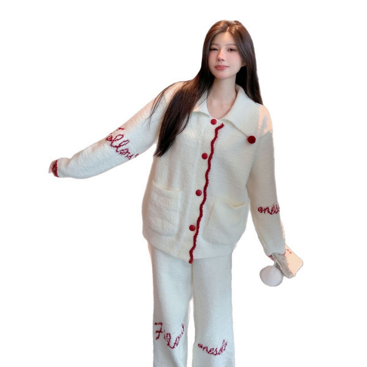 91家纺网 家纺一手货源 找家纺 （总）洛兰沙家居馆 2025新款半边绒睡衣纯色珍珠扣圆领针织开衫外套秋冬新款气质小香风家居服