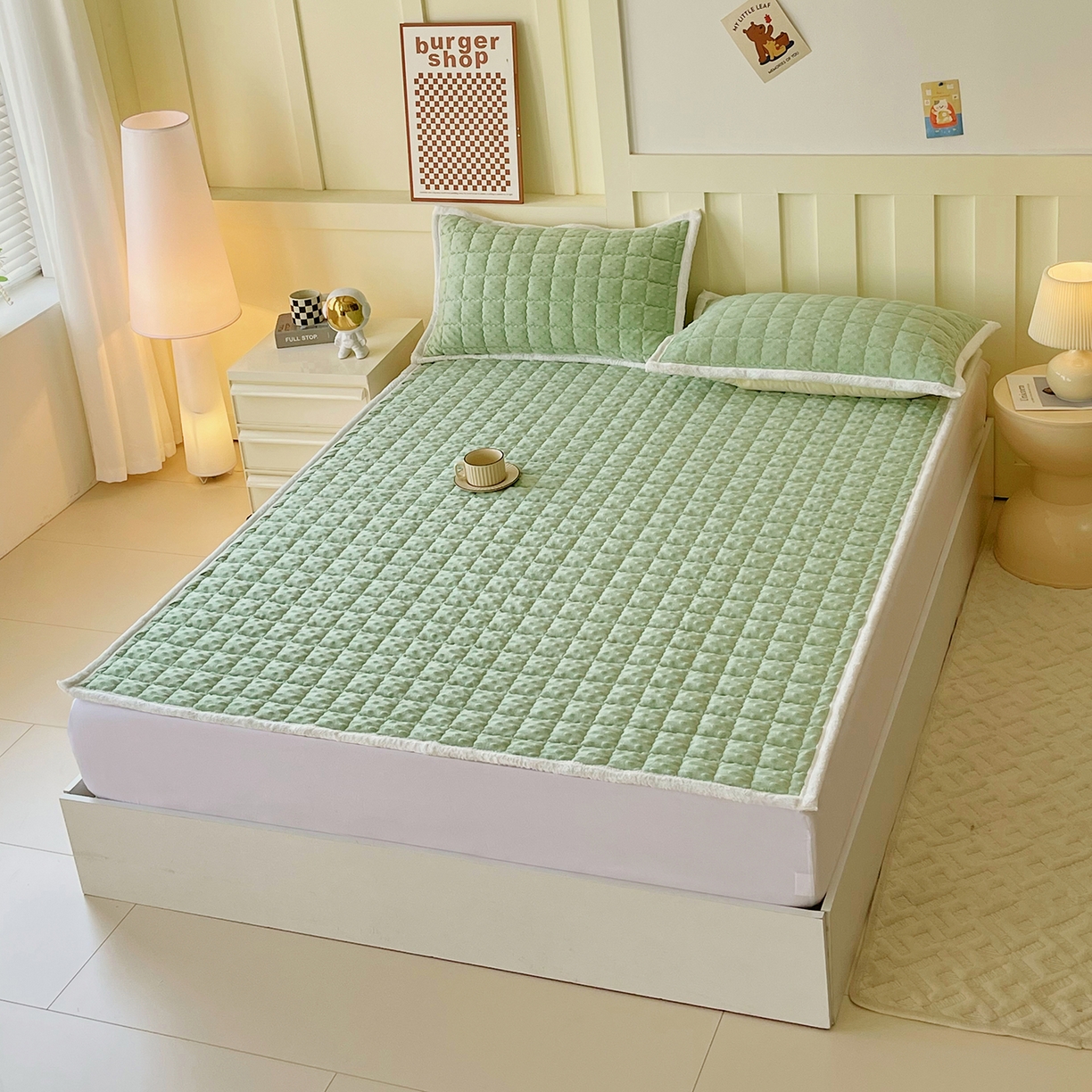 91家纺网 家纺一手货源 找家纺 金鑫汇家纺 2025新款加厚牛奶豆豆绒暖绒包边床褥垫 成人床：豆豆绒床褥垫：绿色