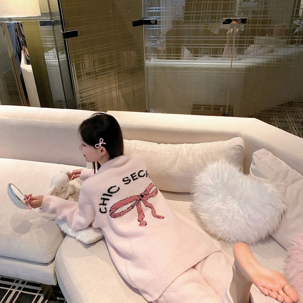 洛兰沙家居馆 2025新款半边绒睡衣纯色珍珠扣圆领针织开衫外套秋冬新款气质小香风家居服 半边绒m2