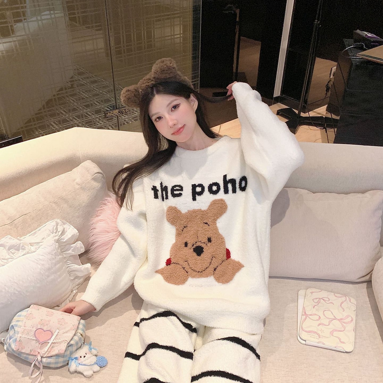 洛兰沙家居馆 2025新款半边绒睡衣纯色珍珠扣圆领针织开衫外套秋冬新款气质小香风家居服 半边绒m3-维尼