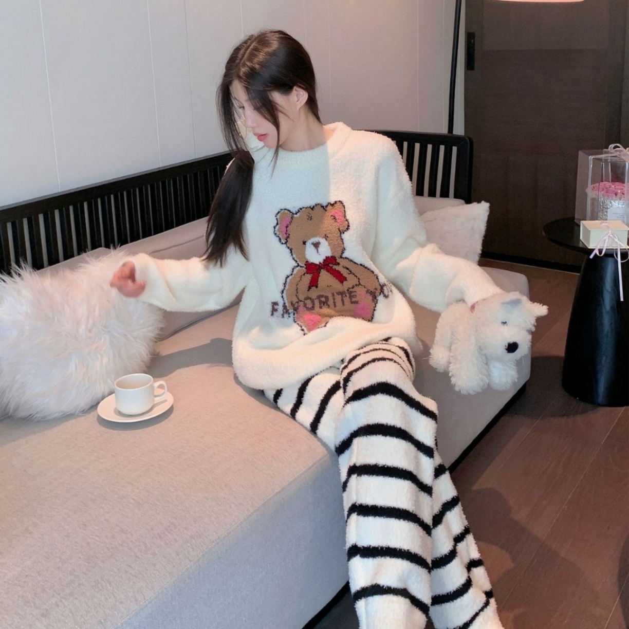 91家纺网 家纺一手货源 找家纺 洛兰沙家居馆 2025新款半边绒睡衣纯色珍珠扣圆领针织开衫外套秋冬新款气质小香风家居服 半边绒m3-小熊