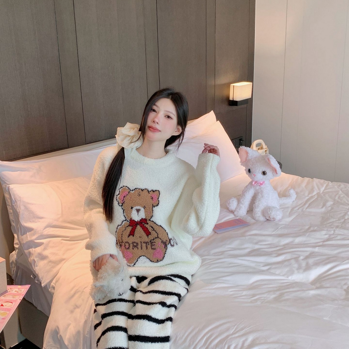 洛兰沙家居馆 2025新款半边绒睡衣纯色珍珠扣圆领针织开衫外套秋冬新款气质小香风家居服 半边绒m3-小熊