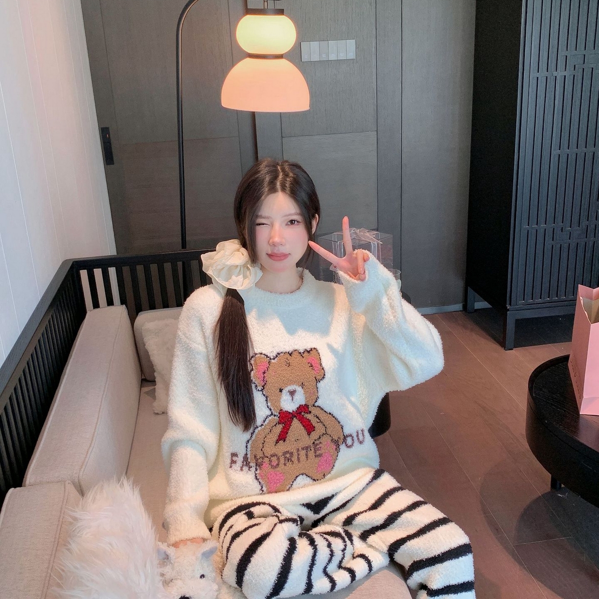 91家纺网 家纺一手货源 找家纺 洛兰沙家居馆 2025新款半边绒睡衣纯色珍珠扣圆领针织开衫外套秋冬新款气质小香风家居服 半边绒m3-小熊