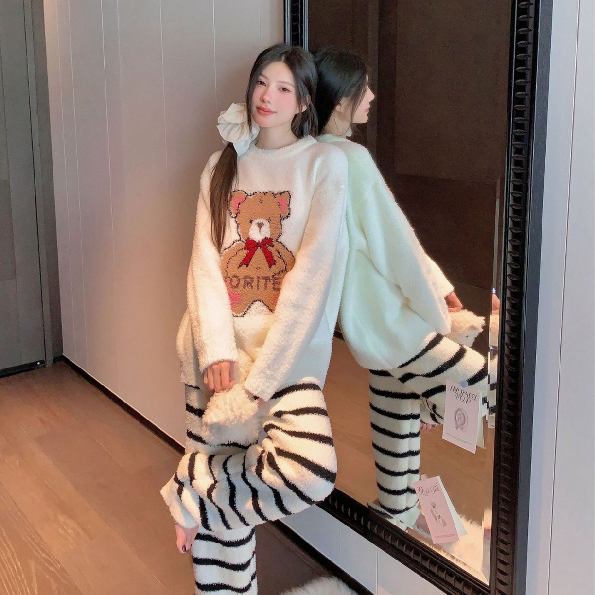 91家纺网 家纺一手货源 找家纺 洛兰沙家居馆 2025新款半边绒睡衣纯色珍珠扣圆领针织开衫外套秋冬新款气质小香风家居服 半边绒m3-小熊