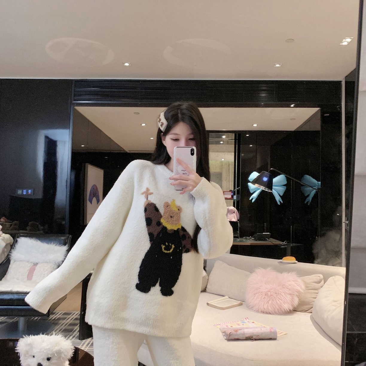 洛兰沙家居馆 2025新款半边绒睡衣纯色珍珠扣圆领针织开衫外套秋冬新款气质小香风家居服 半边绒m4