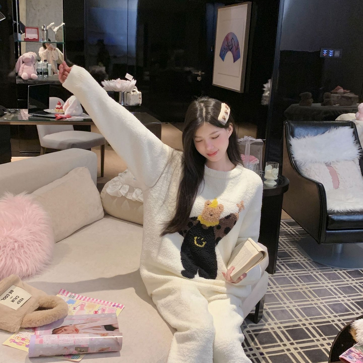 91家纺网 家纺一手货源 找家纺 洛兰沙家居馆 2025新款半边绒睡衣纯色珍珠扣圆领针织开衫外套秋冬新款气质小香风家居服 半边绒m4