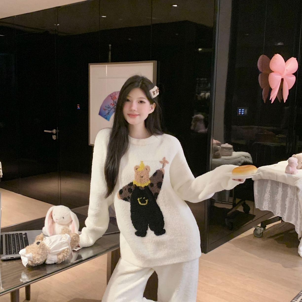 91家纺网 家纺一手货源 找家纺 洛兰沙家居馆 2025新款半边绒睡衣纯色珍珠扣圆领针织开衫外套秋冬新款气质小香风家居服 半边绒m4