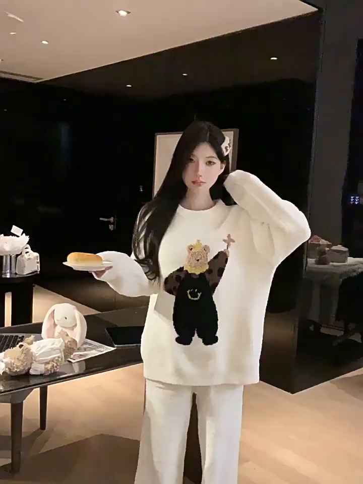 91家纺网 家纺一手货源 找家纺 洛兰沙家居馆 2025新款半边绒睡衣纯色珍珠扣圆领针织开衫外套秋冬新款气质小香风家居服 半边绒m4