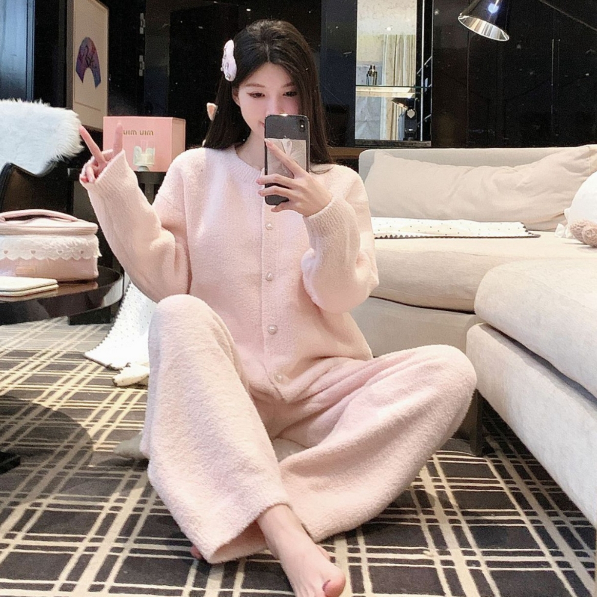 洛兰沙家居馆 2025新款半边绒睡衣纯色珍珠扣圆领针织开衫外套秋冬新款气质小香风家居服 半边绒m5