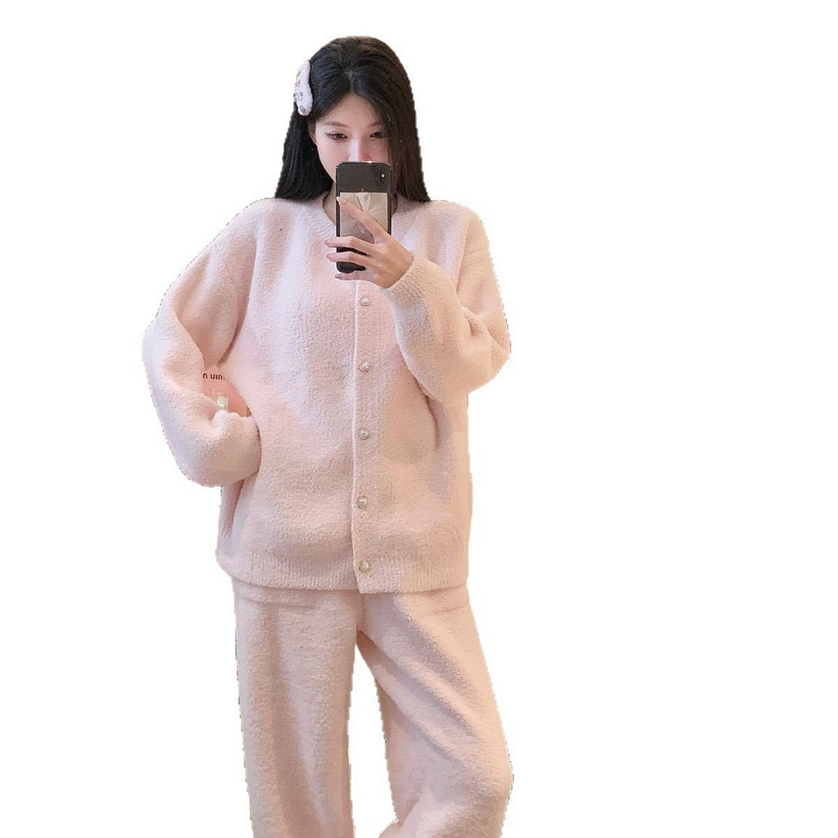 91家纺网 家纺一手货源 找家纺 洛兰沙家居馆 2025新款半边绒睡衣纯色珍珠扣圆领针织开衫外套秋冬新款气质小香风家居服 半边绒m5