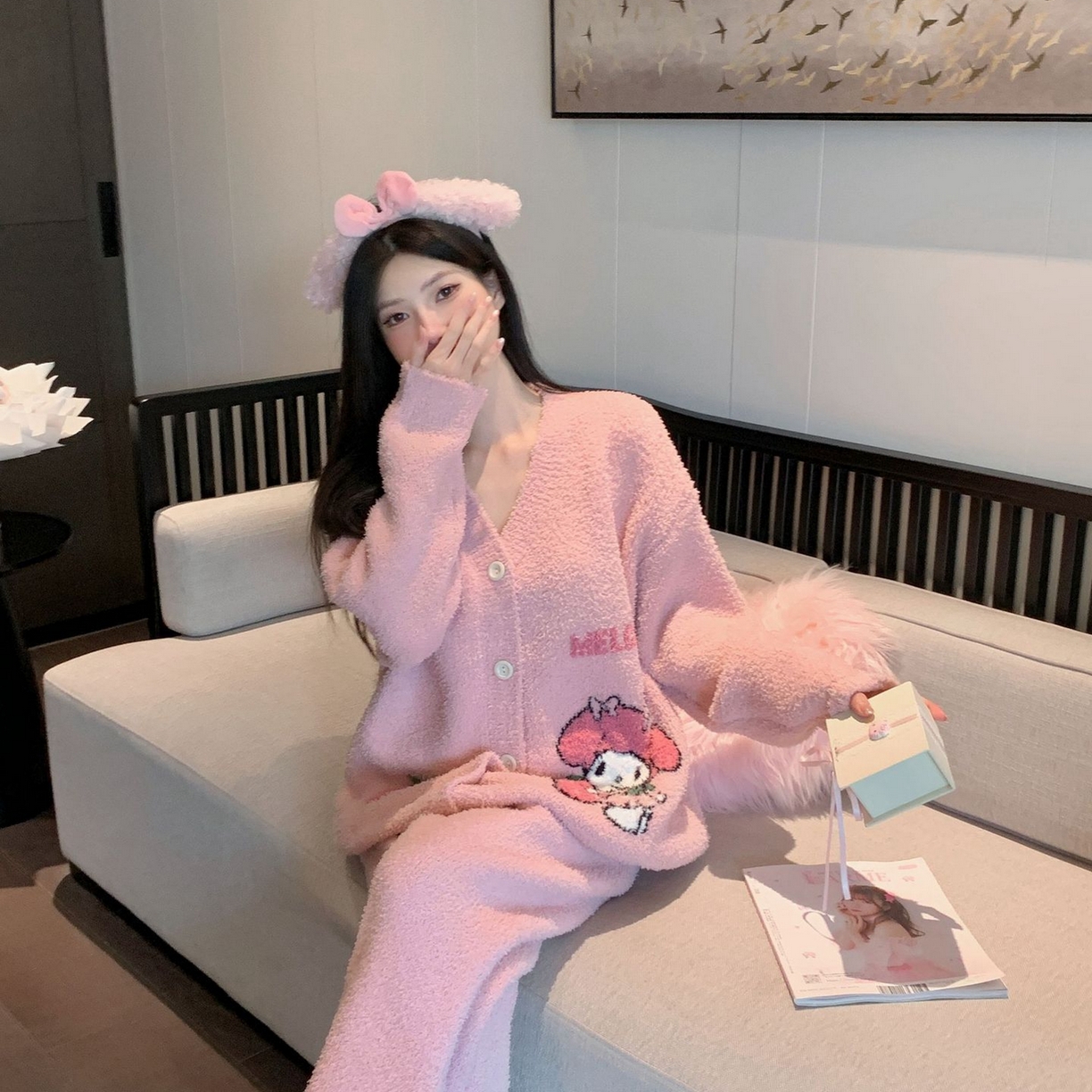 洛兰沙家居馆 2025新款半边绒睡衣纯色珍珠扣圆领针织开衫外套秋冬新款气质小香风家居服 半边绒m7-美乐蒂