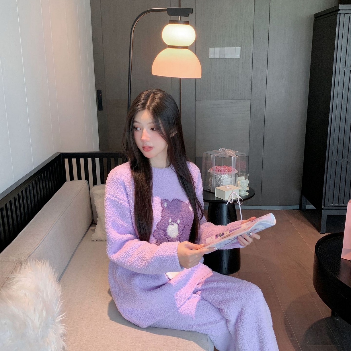 91家纺网 家纺一手货源 找家纺 洛兰沙家居馆 2025新款半边绒睡衣纯色珍珠扣圆领针织开衫外套秋冬新款气质小香风家居服 半边绒m10