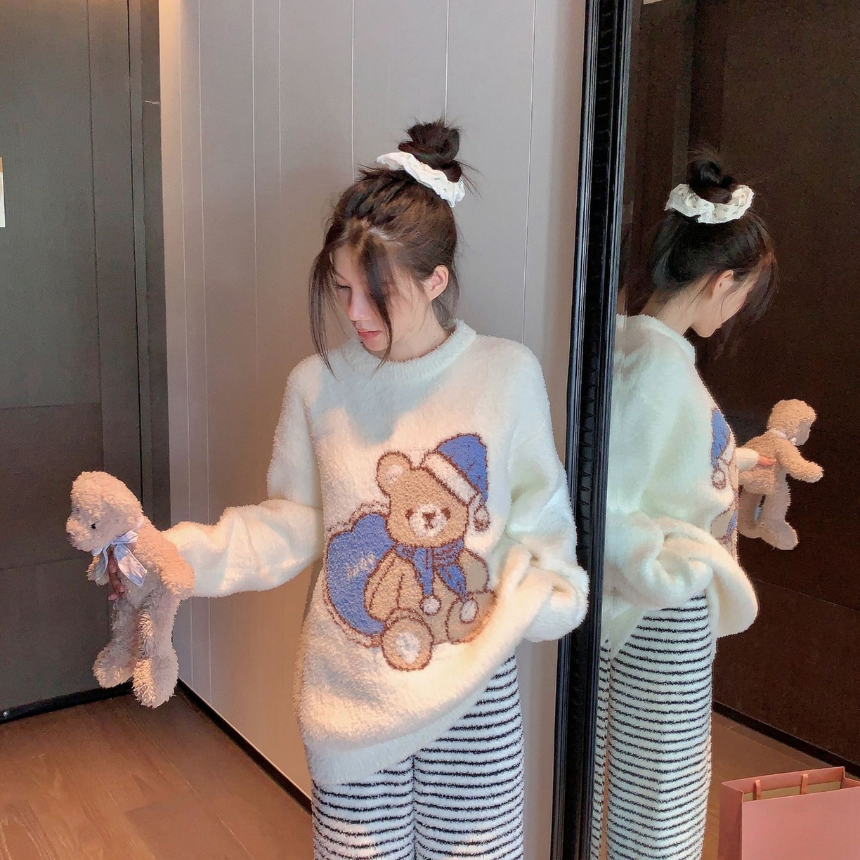 洛兰沙家居馆 2025新款半边绒睡衣纯色珍珠扣圆领针织开衫外套秋冬新款气质小香风家居服 半边绒m13