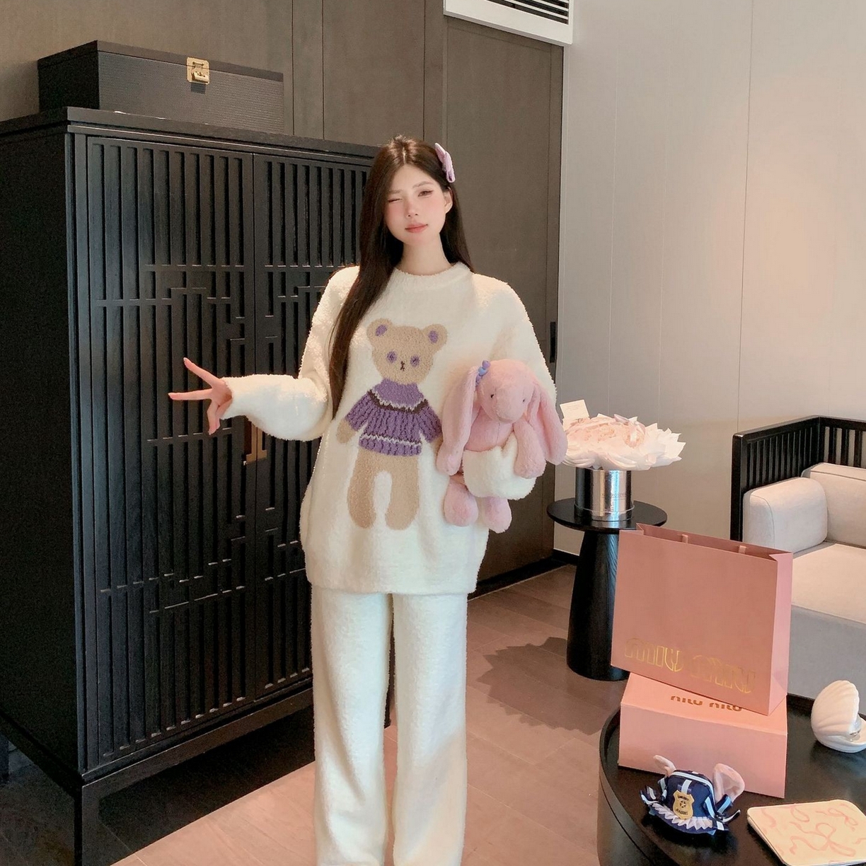 洛兰沙家居馆 2025新款半边绒睡衣纯色珍珠扣圆领针织开衫外套秋冬新款气质小香风家居服 半边绒m14-紫色小熊