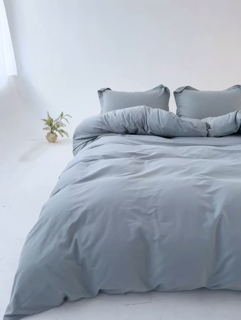 91家纺网 家纺一手货源 找家纺 红淳家纺 2025新款50支长绒棉贡缎磨毛四件套 云青